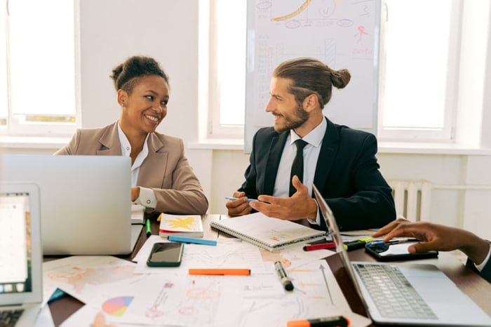 Two happy people in a meeting