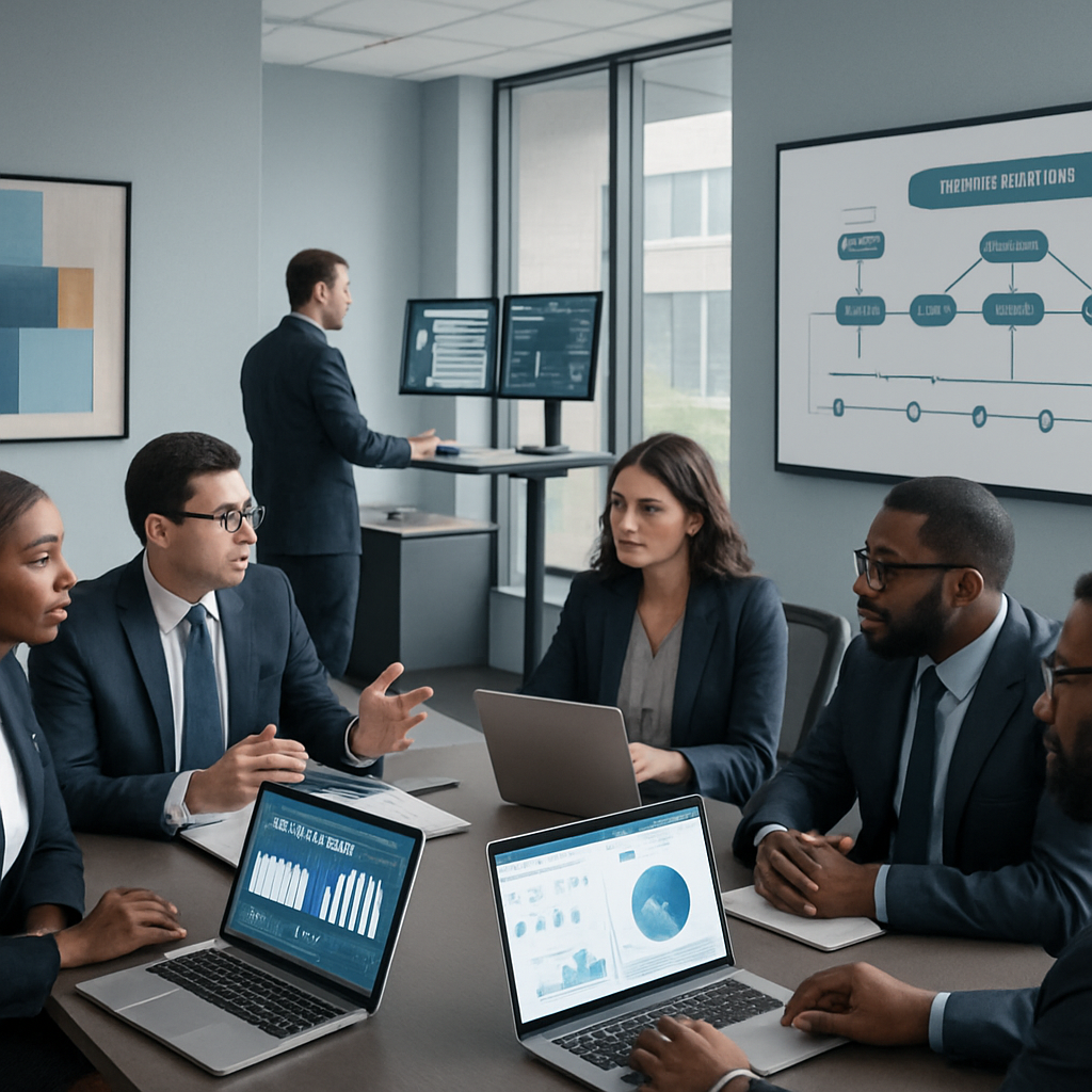 The image depicts a modern sleek office environment bustling with legal professionals In the foreground a diverse group of lawyers is engaged in a col-1