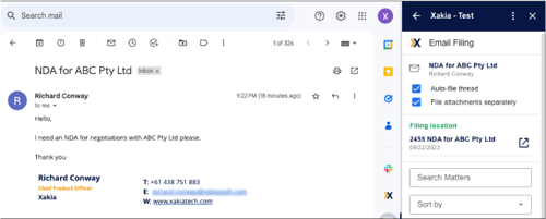 Email filing is easy with the Xakia matter management software and Gmail integration