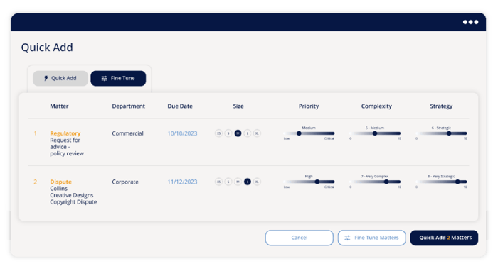 legal matter management software - quick matter add