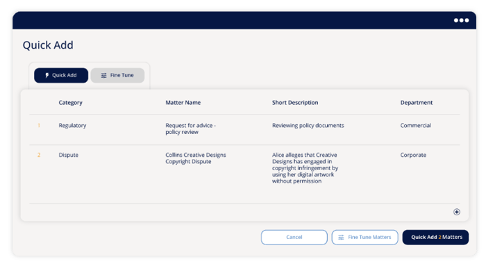 legal matter management software - quick matter add feature