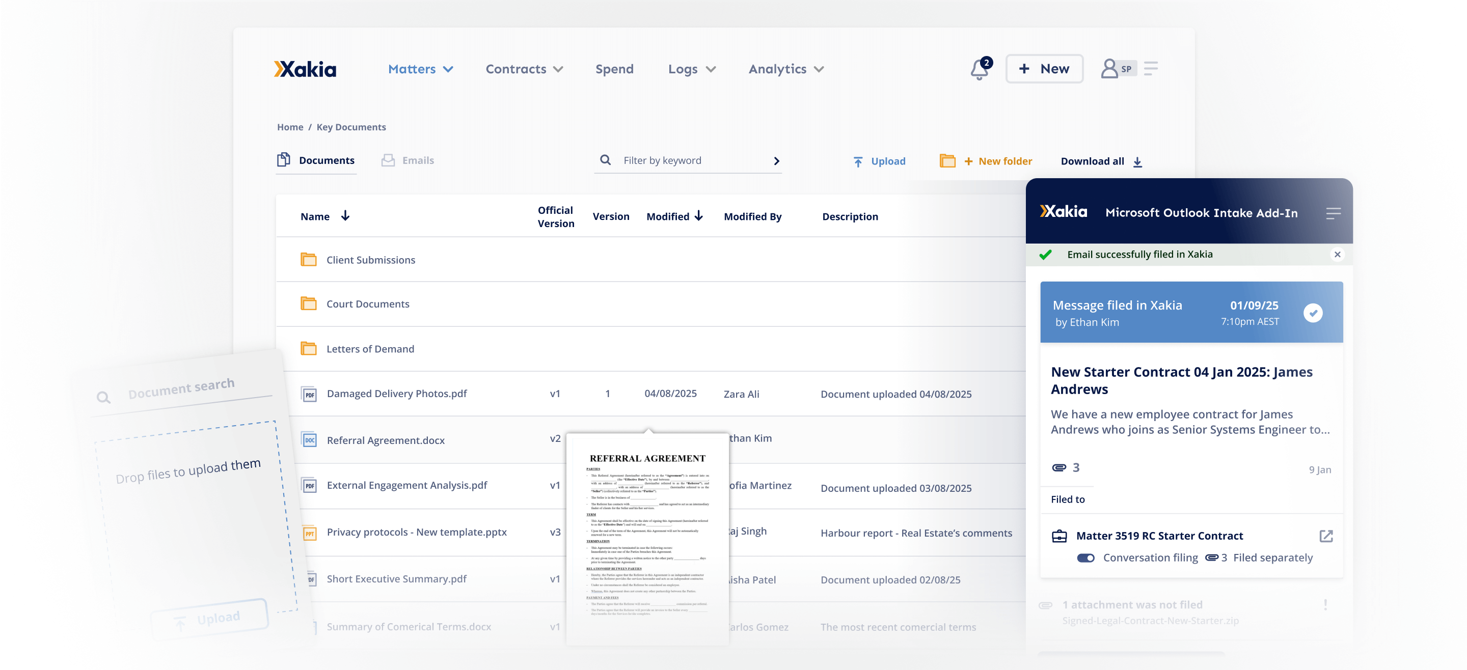Documents stored against a matter in Xakia